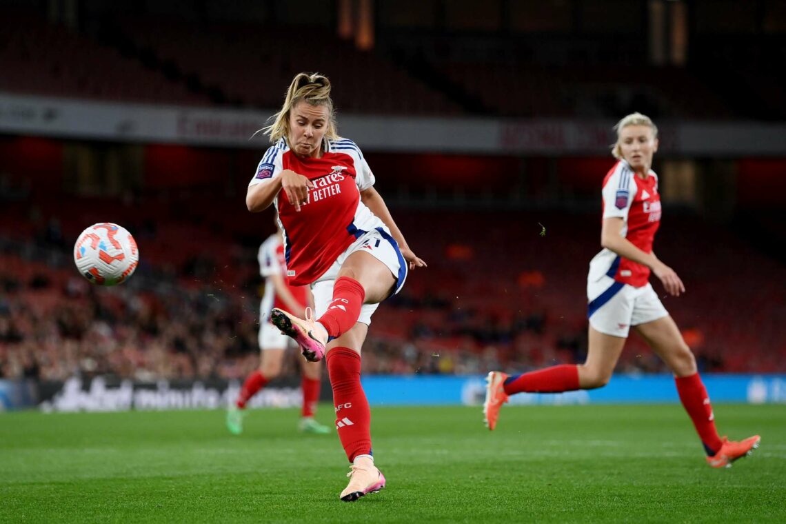 LONDON, ENGLAND - APRIL 15: Victoria Pelova of Arsenal scores her team's fifth goal during the Barclays Women's Super League match between Arsenal ...