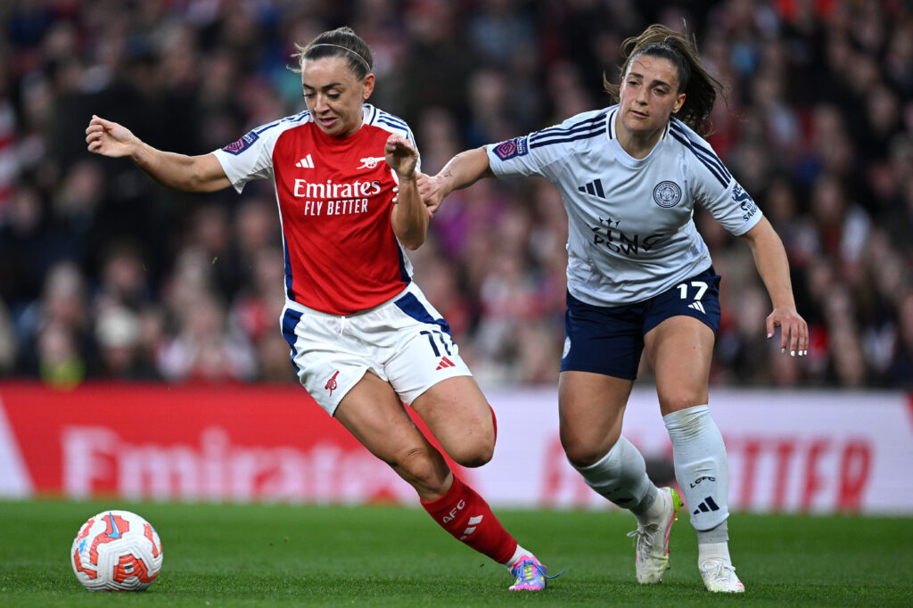 Slegers wins Manager of the Month again as McCabe wins Goal of the Month 3 LONDON, ENGLAND - APRIL 15: Katie McCabe of Arsenal runs with the ball whilst under pressure from Lina Hurtig of Arsenal during the Barclays Women's Super League match between Arsenal FC and Leicester City FC at Emirates Stadium on April 15, 2025 in London, England. (Photo by Justin Setterfield/Getty Images)