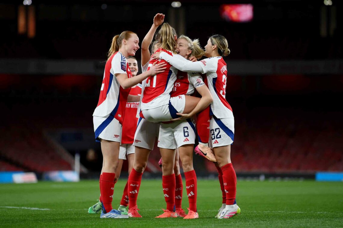 LONDON, ENGLAND - APRIL 15: Victoria Pelova of Arsenal celebrates scoring her team's fifth goal with teammate Leah Williamson during the Barclays W...