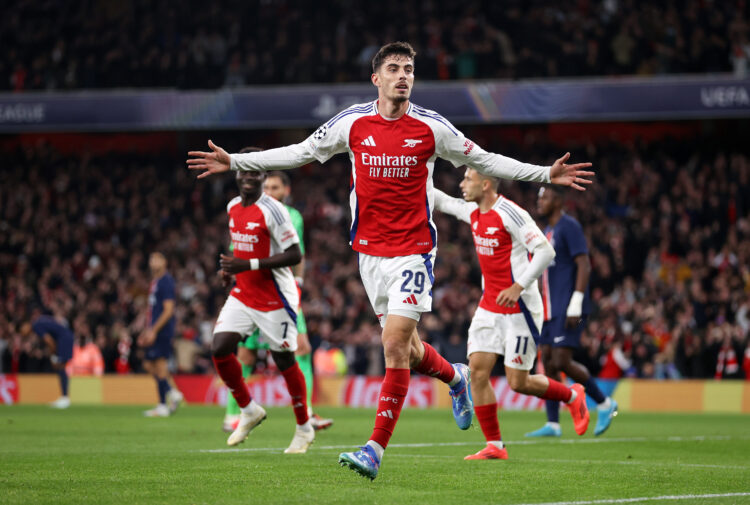 LONDON, ENGLAND - OCTOBER 01: Kai Havertz of Arsenal celebrates scoring his team's first goal during the UEFA Champions League 2024/25 League Phase...