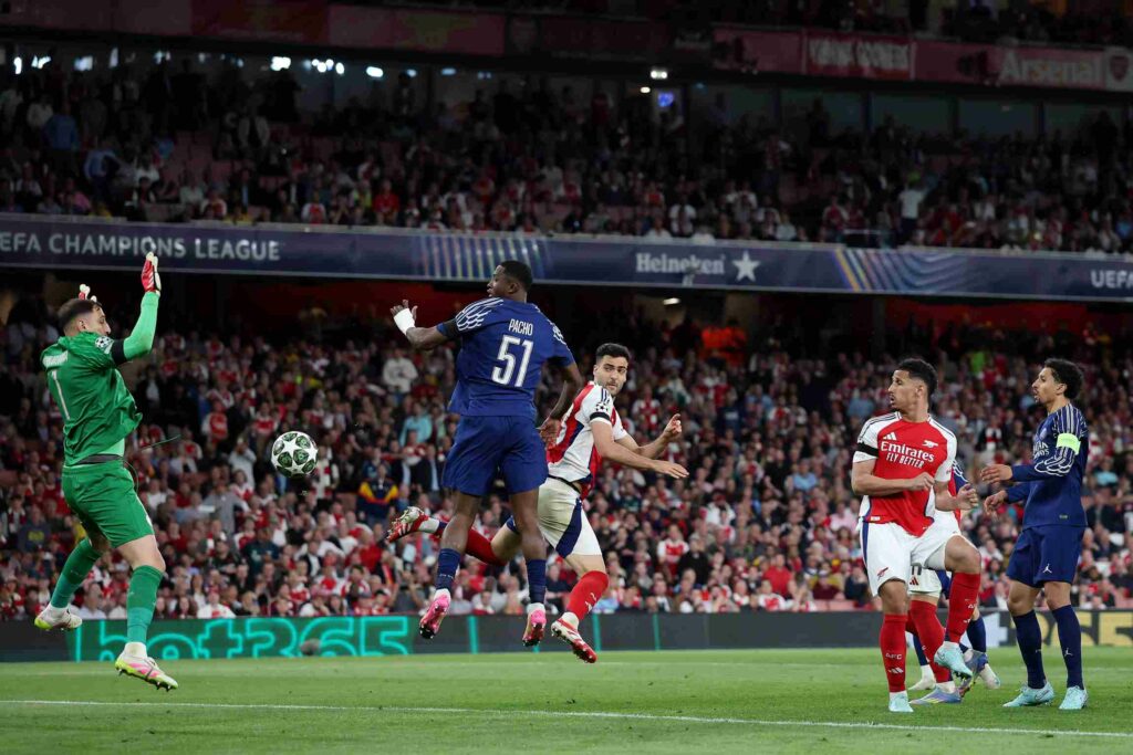 LONDON, ENGLAND - APRIL 29: Mikel Merino of Arsenal scores a goal past Gianluigi Donnarumma of Paris Saint-Germain which is later disallowed due to offside following a VAR review during the UEFA Champions League 2024/25 Semi Final First Leg match between Arsenal FC and Paris Saint-Germain at Emirates Stadium on April 29, 2025 in London, England. (Photo by Michael Steele/Getty Images)