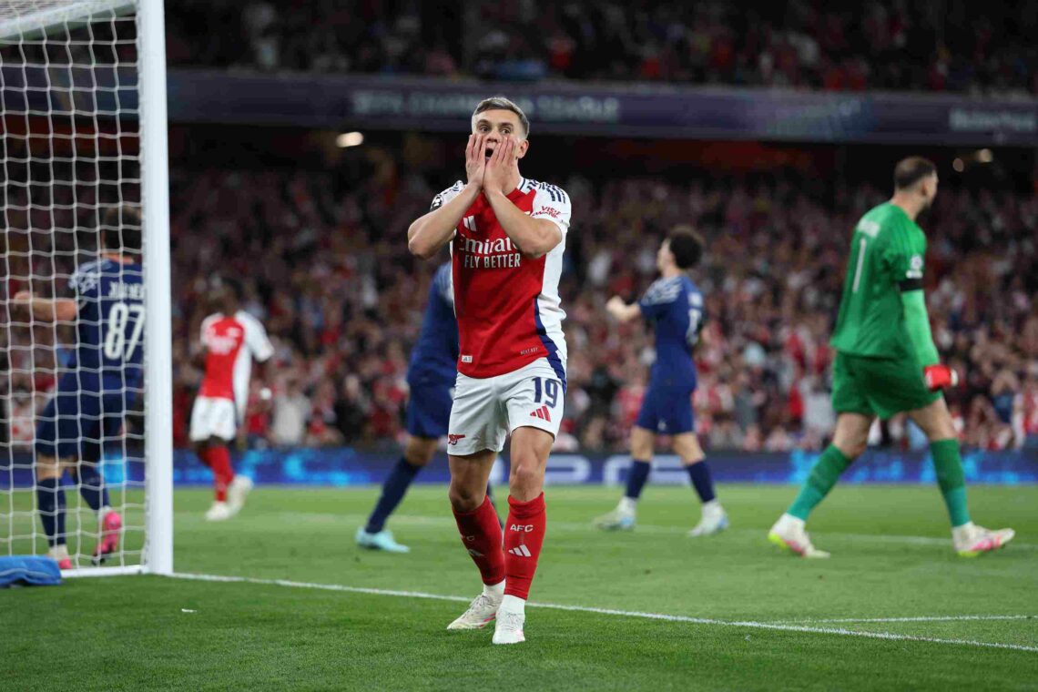 LONDON, ENGLAND - APRIL 29: Leandro Trossard of Arsenal reacts after a missed chance during the UEFA Champions League 2024/25 Semi Final First Leg ...