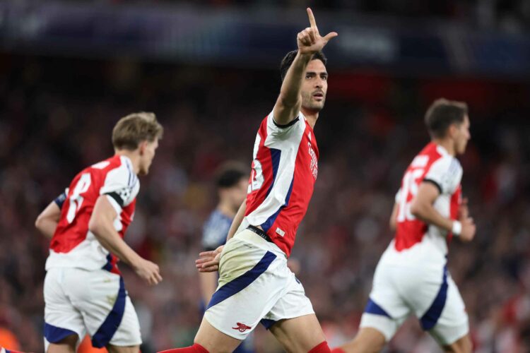 LONDON, ENGLAND - APRIL 29: Mikel Merino of Arsenal celebrates after scoring a goal which is later disallowed due to offside following a VAR review...