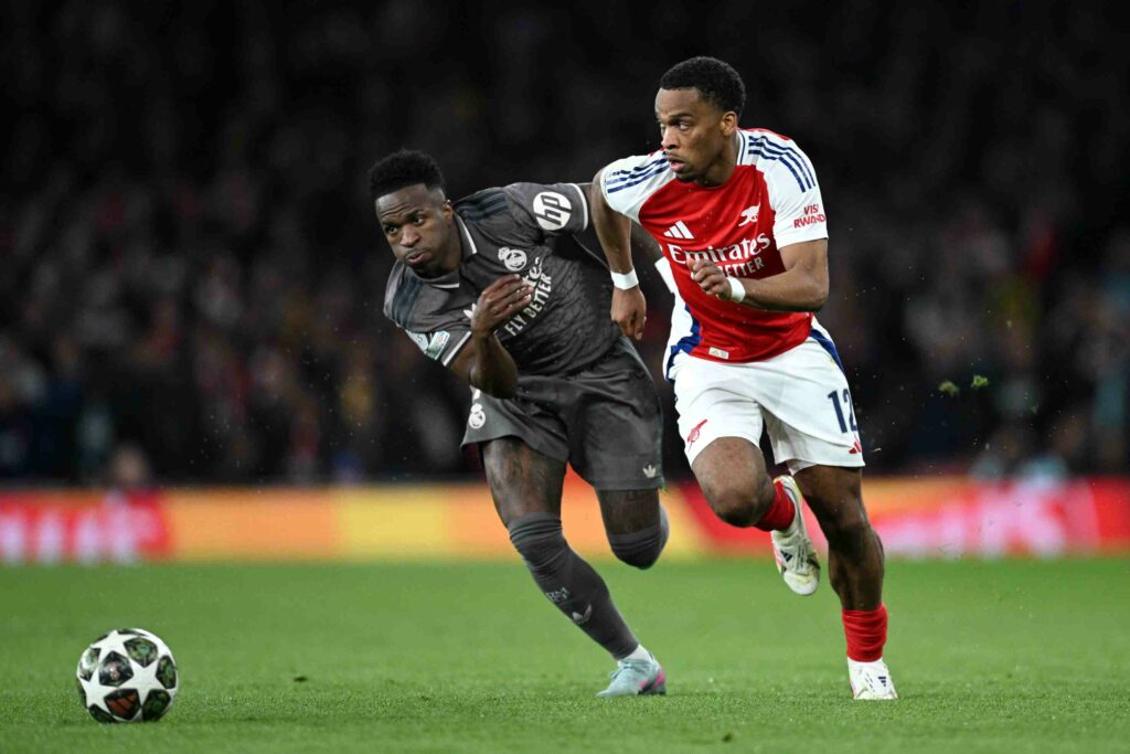 Angry fallout deepens at Real Madrid after Arsenal defeat 7 LONDON, ENGLAND - APRIL 08: Vinicius Junior of Real Madrid battles for possession with Jurrien Timber of Arsenal during the UEFA Champions League 2024/25 Quarter Final First Leg match between Arsenal FC and Real Madrid C.F. at Emirates Stadium on April 08, 2025 in London, England. (Photo by Justin Setterfield/Getty Images)