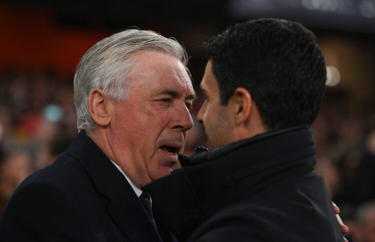 LONDON, ENGLAND - APRIL 08: Carlo Ancelotti, Head Coach of Real Madrid, shakes hands with Mikel Arteta, Manager of Arsenal, prior to the UEFA Champ...