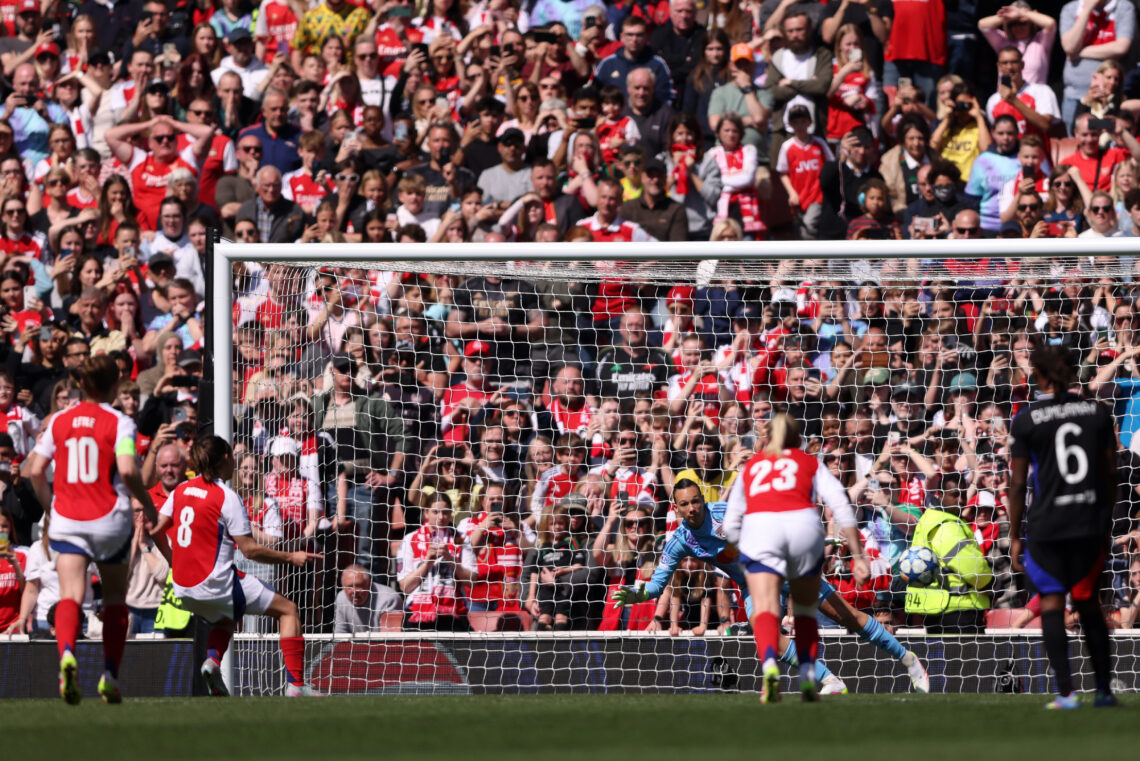 LONDON, ENGLAND - APRIL 19: Mariona Caldentey of Arsenal scores her team's first goal from the penalty spot, past Christiane Endler of Olympique Ly...