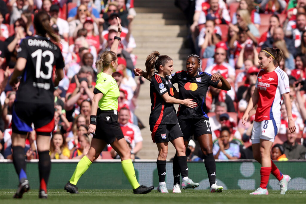 Arsenal create enough to beat Lyon but manage to lose 4 LONDON, ENGLAND - APRIL 19: Kadidiatou Diani of Olympique Lyonnais celebrates scoring her team's first goal during the UEFA Women's Champions League semifinal first leg match between Arsenal WFC and Olympique Lyonnais on April 19, 2025 in London, England. (Photo by Paul Harding/Getty Images)
