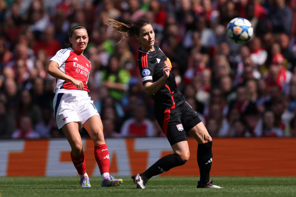 Arsenal create enough to beat Lyon but manage to lose 3 LONDON, ENGLAND - APRIL 19: Katie McCabe of Arsenal passes the ball under pressure from Damaris Egurrola of Olympique Lyonnais during the UEFA Women's Champions League semifinal first leg match between Arsenal WFC and Olympique Lyonnais on April 19, 2025 in London, England. (Photo by Paul Harding/Getty Images)