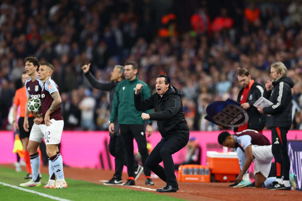 BIRMINGHAM, ENGLAND - APRIL 15: Unai Emery, manager of Aston Villa, reacts on the touchline during the UEFA Champions League 2024/25 Quarter Final Second Leg match between Aston Villa FC and Paris Saint-Germain at Villa Park on April 15, 2025 in Birmingham, England. (Photo by Dan Istitene/Getty Images)
