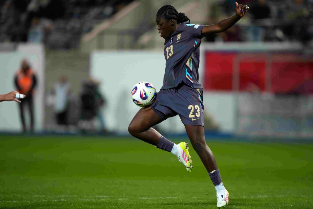 LEUVEN, BELGIUM - APRIL 08: Michelle Agyemang #23 of England controls the ball ahead of scoring her teams second goal in the second half of the UEFA Women's Nations League 2024/25 Grp A3 MD4 match between Belgium and England at The King Power At Den Dreef Stadium on April 08, 2025 in Leuven, Belgium. (Photo by Alex Bierens de Haan/Getty Images)