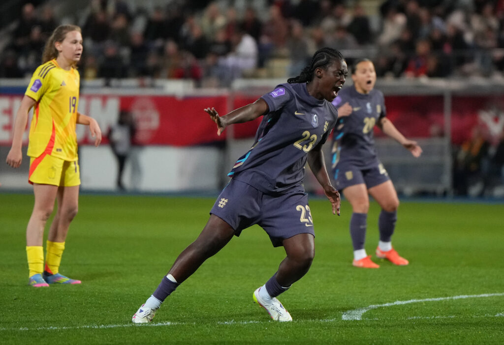 Arsenal’s Agyemang scores worldie on England debut 4 LEUVEN, BELGIUM - APRIL 08: Michelle Agyemang of England celebrates scoring her team's second goal during the UEFA Women's Nations League 2024/25 Group A3 MD4 match between Belgium and England at The King Power At Den Dreef Stadium on April 08, 2025 in Leuven, Belgium. (Photo by Alex Bierens de Haan/Getty Images)