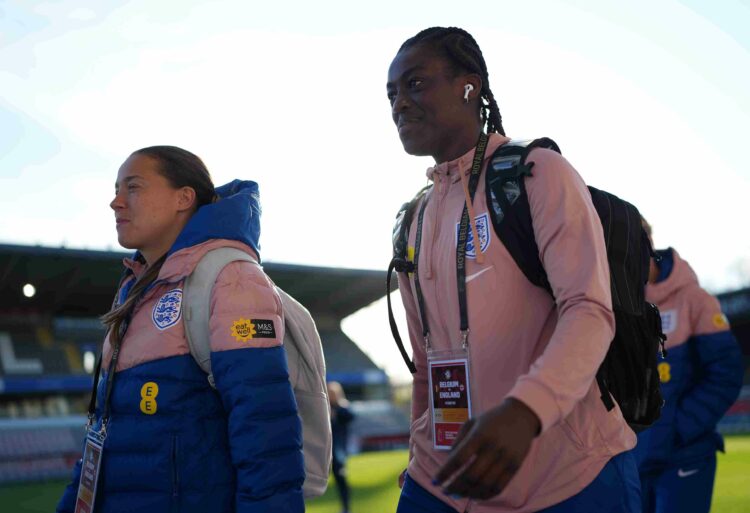 LEUVEN, BELGIUM - APRIL 08: Michelle Agyemang #23 of England arrives at the field ahead of the UEFA Women's Nations League 2024/25 Grp A3 MD4 match...