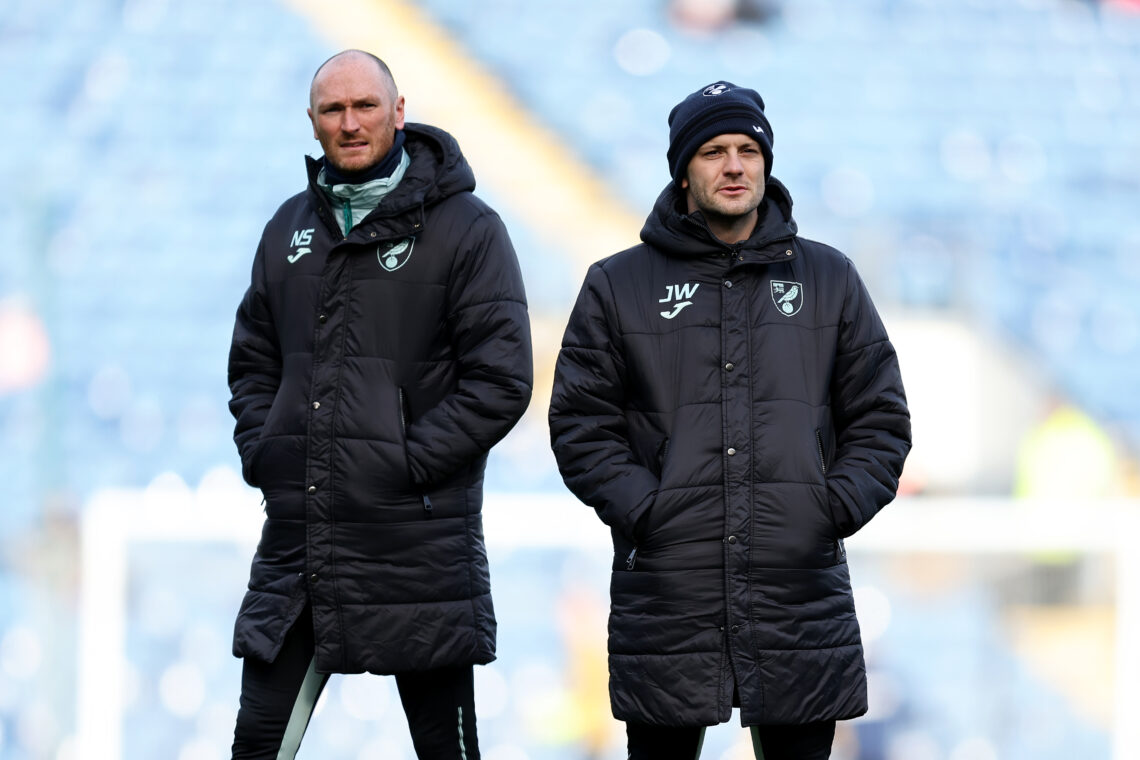 BLACKBURN, ENGLAND - MARCH 01: Nick Stanley, Set Piece Coach of Norwich City and Jack Wilshere, First Team Coach of Norwich City looks on prior to ...