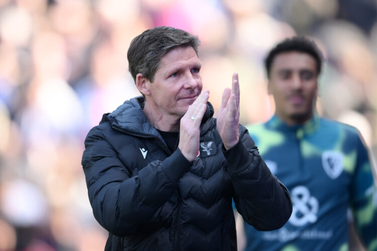 LONDON, ENGLAND - APRIL 19: Oliver Glasner, Manager of Crystal Palace, acknowlegdes the fans prior to the Premier League match between Crystal Pala...