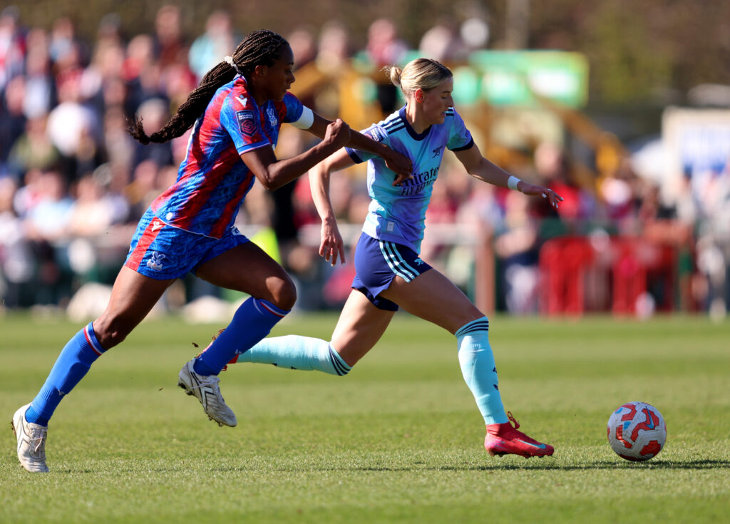 New dates for two Arsenal women and u21 fixtures confirmed 2 SUTTON, ENGLAND - MARCH 30: Chloe Kelly of Arsenal is challenged by Indiah-Paige Riley of Crystal Palace during the Barclays Women's Super League match between Crystal Palace and Arsenal at VBS Community Stadium on March 30, 2025 in Sutton, England. (Photo by Tom Dulat/Getty Images)