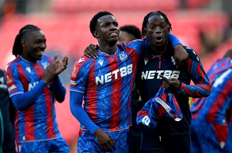 LONDON, ENGLAND: Eddie Nketiah and Romain Esse of Crystal Palace celebrate victory after the Emirates FA Cup Semi Final match between Crystal Palac...