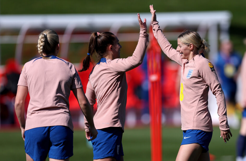 Slegers' influence key to Chloe Kelly's revival 2 BURTON-UPON-TRENT, ENGLAND - APRIL 01: Maya Le Tissier and Chloe Kelly of England high five during a training session at St Georges Park on April 01, 2025 in Burton-upon-Trent, England. (Photo by Alex Livesey/Getty Images)