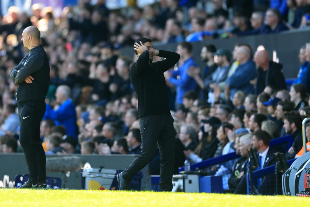 Referee and VAR frustrate Arsenal again 2 LIVERPOOL, ENGLAND - APRIL 05: Mikel Arteta, Manager of Arsenal, reacts during the Premier League match between Everton FC and Arsenal FC at Goodison Park on April 05, 2025 in Liverpool, England. (Photo by Carl Recine/Getty Images)
