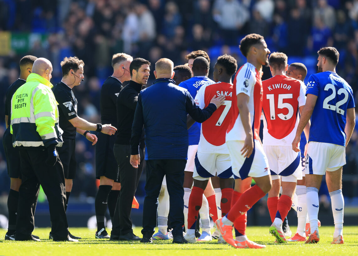 LIVERPOOL, ENGLAND - APRIL 05: Mikel Arteta, Manager of Arsenal, talks to Bukayo Saka at full time during the Premier League match between Everton ...