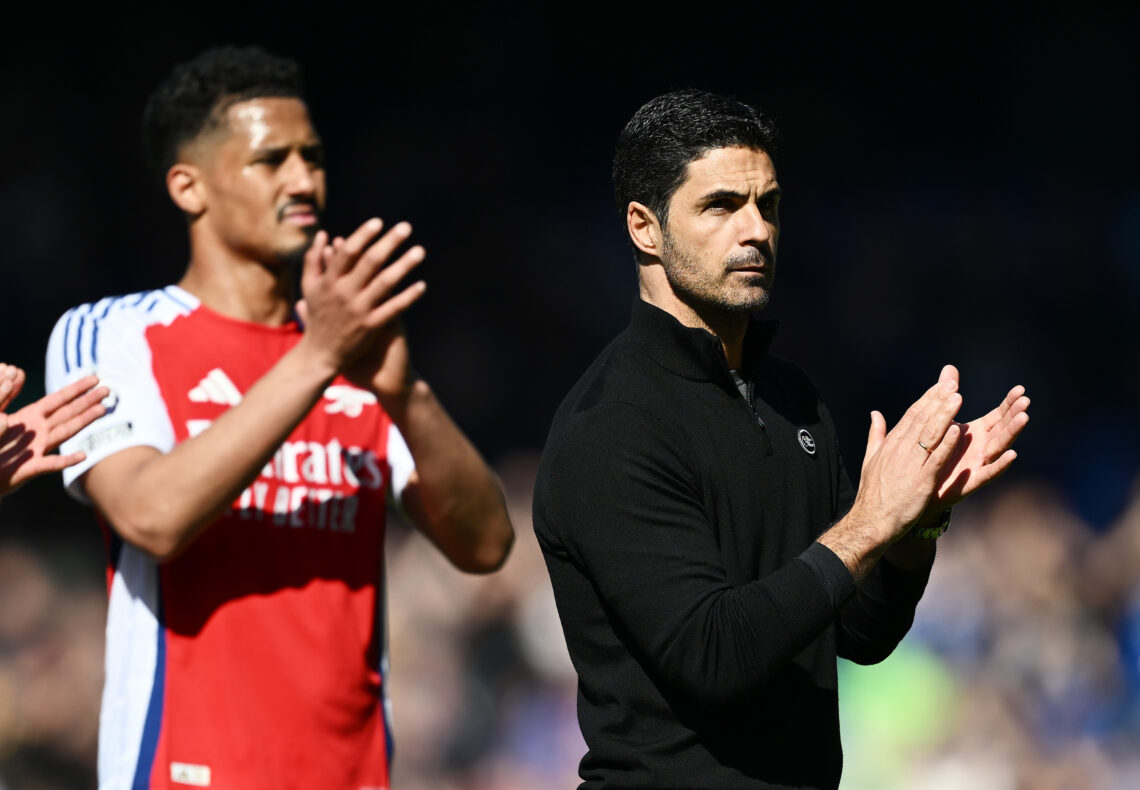 LIVERPOOL, ENGLAND - APRIL 05: Mikel Arteta, Manager of Arsenal, applauds the fans following the team's draw during the Premier League match betwee...
