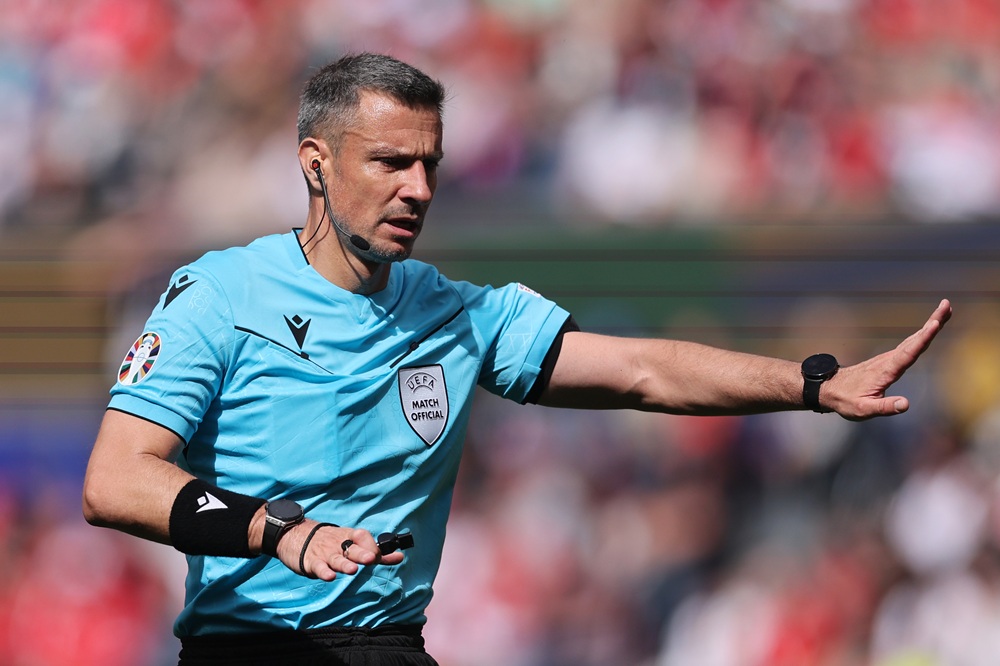 COLOGNE, GERMANY: Referee Slavko Vincic reacts during the UEFA EURO 2024 group stage match between Hungary and Switzerland at Cologne Stadium on June 15, 2024. (Photo by Alex Grimm/Getty Images)