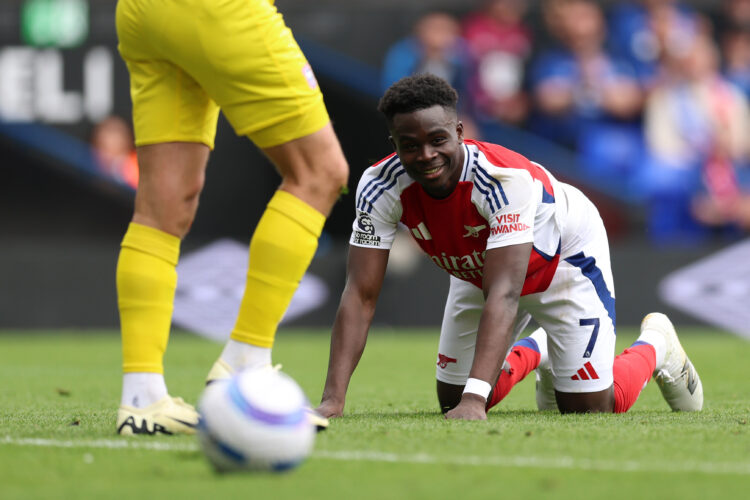 IPSWICH, ENGLAND - APRIL 20: Bukayo Saka of Arsenal reacts, after missing a chance during the Premier League match between Ipswich Town FC and Arse...