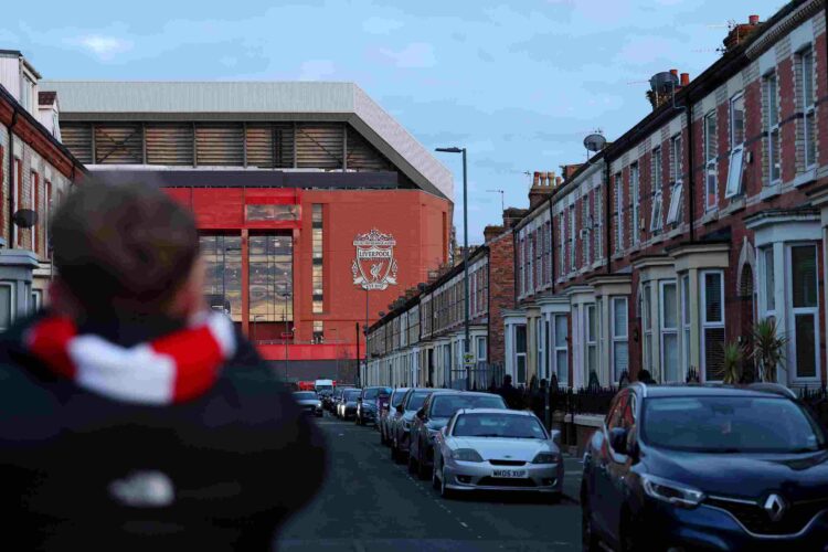 LIVERPOOL, ENGLAND - MARCH 11: General view outside the stadium, as a fan of Liverpool takes a picture prior to the UEFA Champions League 2024/25 U...