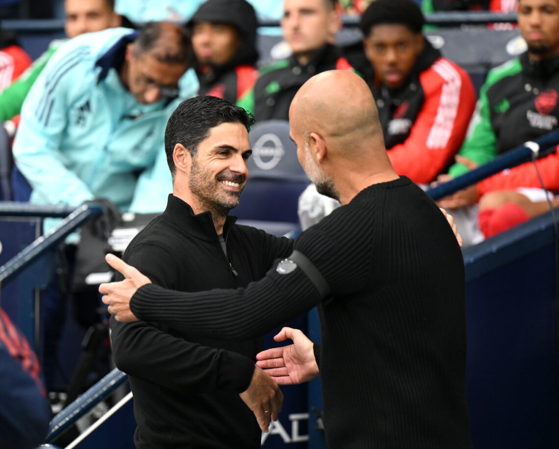 MANCHESTER, ENGLAND - SEPTEMBER 22: Mikel Arteta, Manager of Arsenal, embraces Josep Guardiola, Manager of Manchester City, prior to the Premier Le...