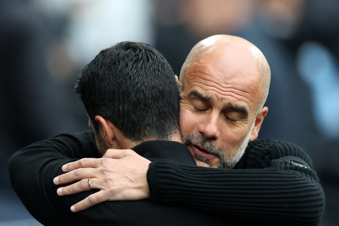 Pep Guardiola jokes he's hoping Arsenal concede 1 goal 1 MANCHESTER, ENGLAND - SEPTEMBER 22: Mikel Arteta, Manager of Arsenal, embraces Josep Guardiola, Manager of Manchester City, prior to the Premier Le...