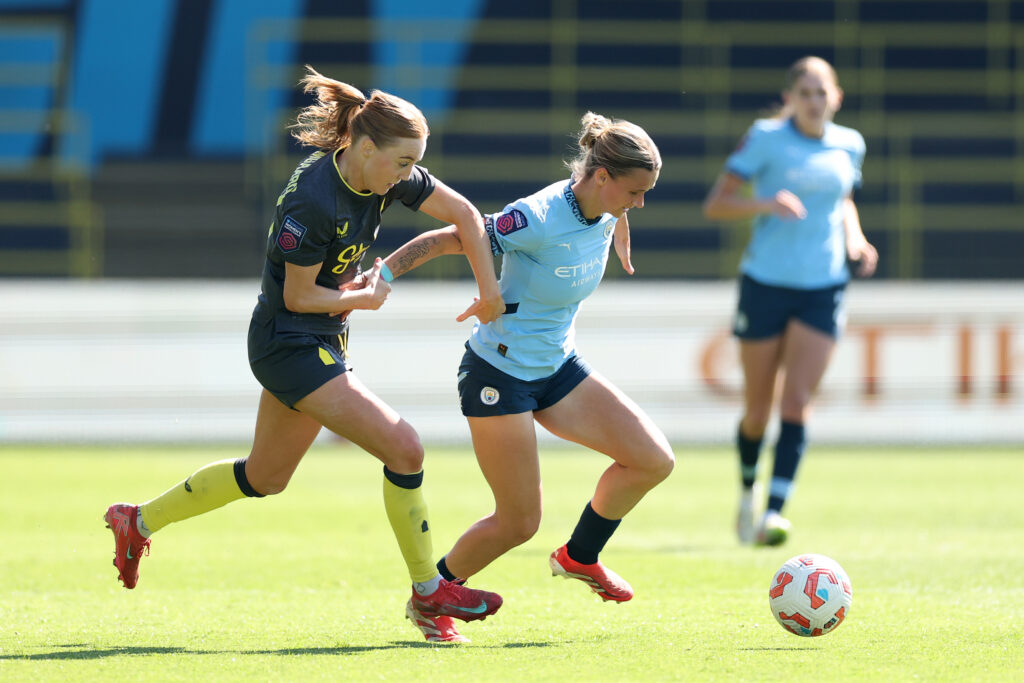 MANCHESTER, ENGLAND - APRIL 20: Krestin Casparij of Manchester City battles with Sara Holmgaard of Everton during the Barclays Women's Super League match between Manchester City FC and Everton FC at Joie Stadium on April 20, 2025 in Manchester, England. (Photo by Jan Kruger/Getty Images)
