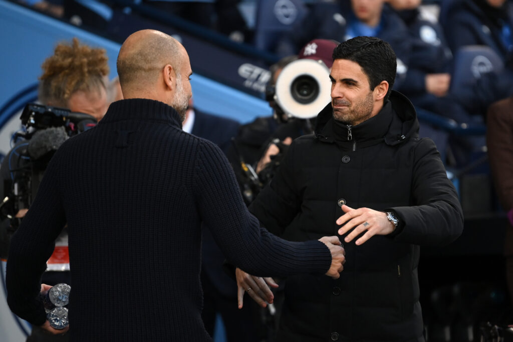 Arteta explains why he phoned Pep Guardiola again before Real Madrid 6 MANCHESTER, ENGLAND - APRIL 26: Mikel Arteta, Manager of Arsenal, embraces Pep Guardiola, Manager of Manchester City, prior to the Premier League match between Manchester City and Arsenal FC at Etihad Stadium on April 26, 2023 in Manchester, England. (Photo by Michael Regan/Getty Images)