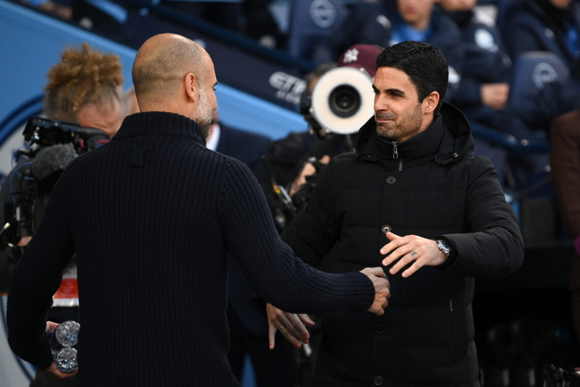 MANCHESTER, ENGLAND - APRIL 26: Mikel Arteta, Manager of Arsenal, embraces Pep Guardiola, Manager of Manchester City, prior to the Premier League m...