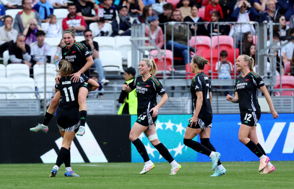 DECINES-CHARPIEU, FRANCE - APRIL 27: Mariona Caldentey of Arsenal celebrates scoring her team's second goal with team mate Katie McCabe during the UEFA Women's Champions League semifinal second leg match between Olympique Lyonnais and Arsenal WFC at OL Stadium on April 27, 2025 in Decines-Charpieu, France. (Photo by Catherine Steenkeste/Getty Images)