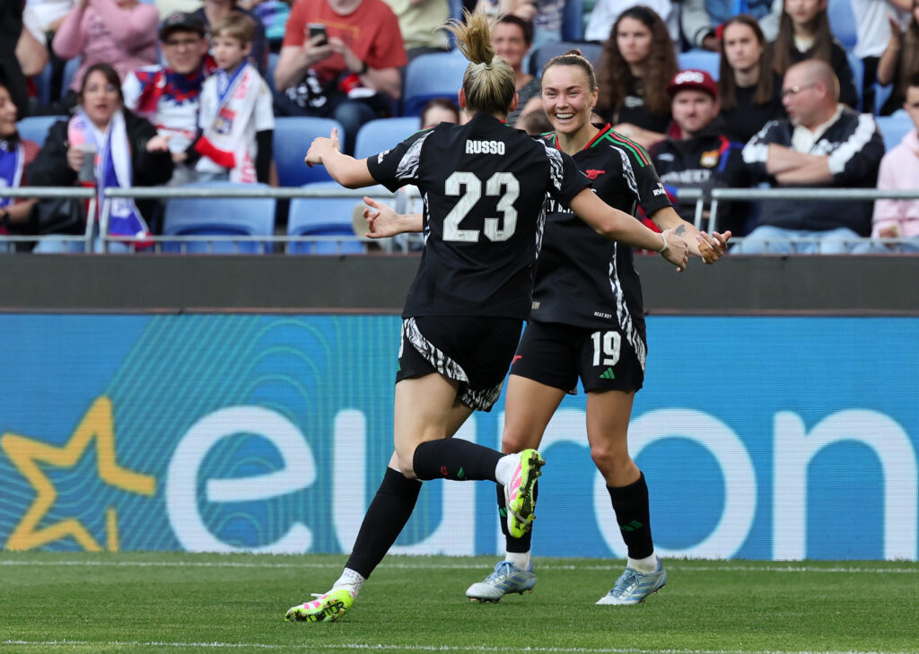 Five things we learnt from Arsenal's victory in Lyon 3 DECINES-CHARPIEU, FRANCE - APRIL 27: Alessia Russo of Arsenal celebrates scoring her team's third goal with team mate Caitlin Foord during the UEFA Women's Champions League semifinal second leg match between Olympique Lyonnais and Arsenal WFC at OL Stadium on April 27, 2025 in Decines-Charpieu, France. (Photo by Catherine Steenkeste/Getty Images)