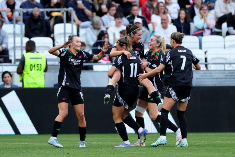 DECINES-CHARPIEU, FRANCE - APRIL 27: Mariona Caldentey of Arsenal celebrates scoring her team's second goal with team mate Katie McCabe during the ...