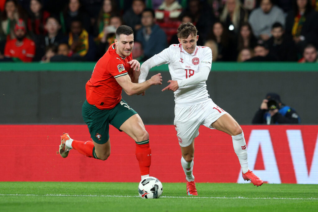 Everton could welcome 2 back from injury v Arsenal 4 LISBON, PORTUGAL - MARCH 23: Diogo Dalot of Portugal battles for possession with Jesper Lindstrom of Denmark during the UEFA Nations League Quarterfinal Leg Two match between Portugal and Denmark at Estadio Jose Alvalade on March 23, 2025 in Lisbon, Portugal. (Photo by Carlos Rodrigues/Getty Images)