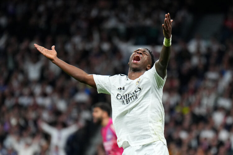 MADRID, SPAIN - APRIL 16: Vinicius Junior of Real Madrid reacts during the UEFA Champions League 2024/25 Quarter Final Second Leg match between Rea...