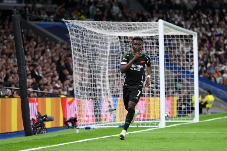 MADRID, SPAIN - APRIL 16: Bukayo Saka of Arsenal celebrates scoring his team's first goal during the UEFA Champions League 2024/25 Quarter Final Se...