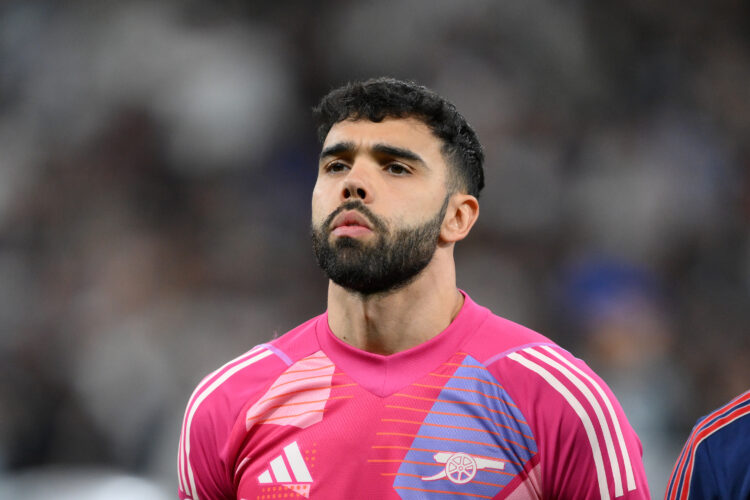 MADRID, SPAIN - APRIL 16: David Raya of Arsenal looks on in the line up prior to the UEFA Champions League 2024/25 Quarter Final Second Leg match b...