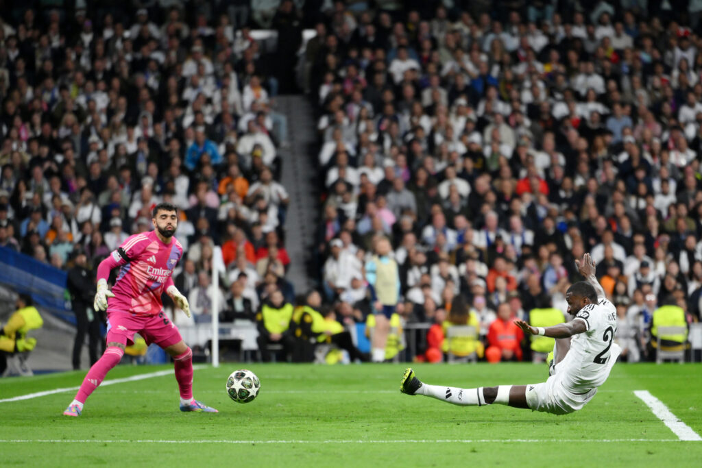 MADRID, SPAIN - APRIL 16: Antonio Ruediger of Real Madrid misses a chance during the UEFA Champions League 2024/25 Quarter Final Second Leg match between Real Madrid C.F. and Arsenal FC at Estadio Santiago Bernabeu on April 16, 2025 in Madrid, Spain. (Photo by David Ramos/Getty Images)