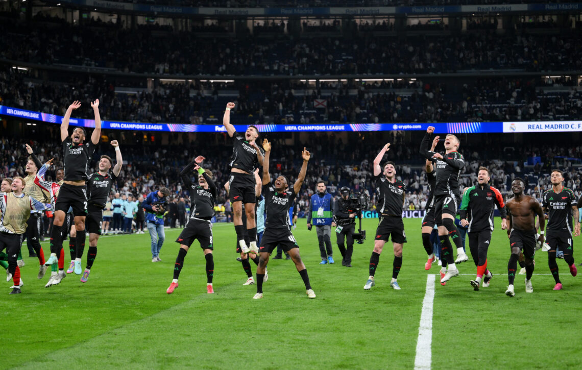 MADRID, SPAIN - APRIL 16: Players of Arsenal celebrate victory following the UEFA Champions League 2024/25 Quarter Final Second Leg match between R...