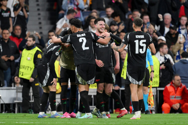 MADRID, SPAIN - APRIL 16: Declan Rice of Arsenal celebrates with teammates after Gabriel Martinelli of Arsenal (not pictured) scored his team's sec...
