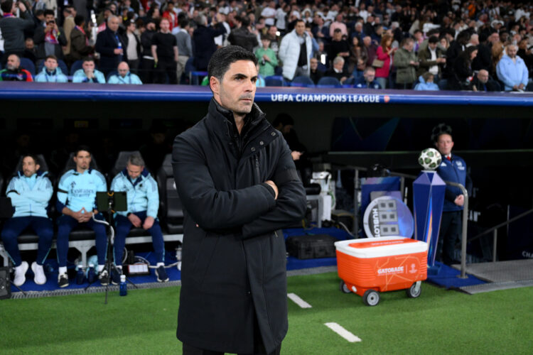MADRID, SPAIN - APRIL 16: Mikel Arteta, Manager of Arsenal, looks on prior to the UEFA Champions League 2024/25 Quarter Final Second Leg match betw...