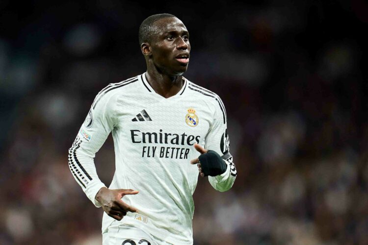 MADRID, SPAIN - MARCH 04: Ferland Mendy of Real Madrid looks on during the UEFA Champions League 2024/25 UEFA Champions League 2024/25 Round of 16 ...