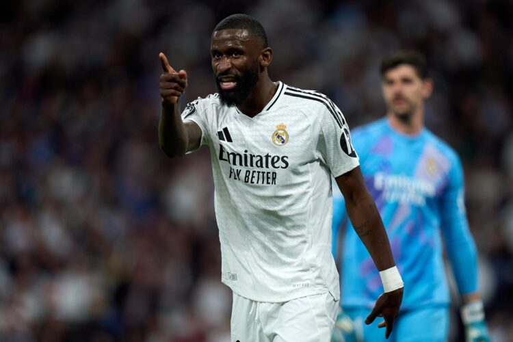 MADRID, SPAIN: Antonio Rudiger of Real Madrid gestures during the UEFA Champions League 2024/25 League Knockout Play-off second leg match between R...