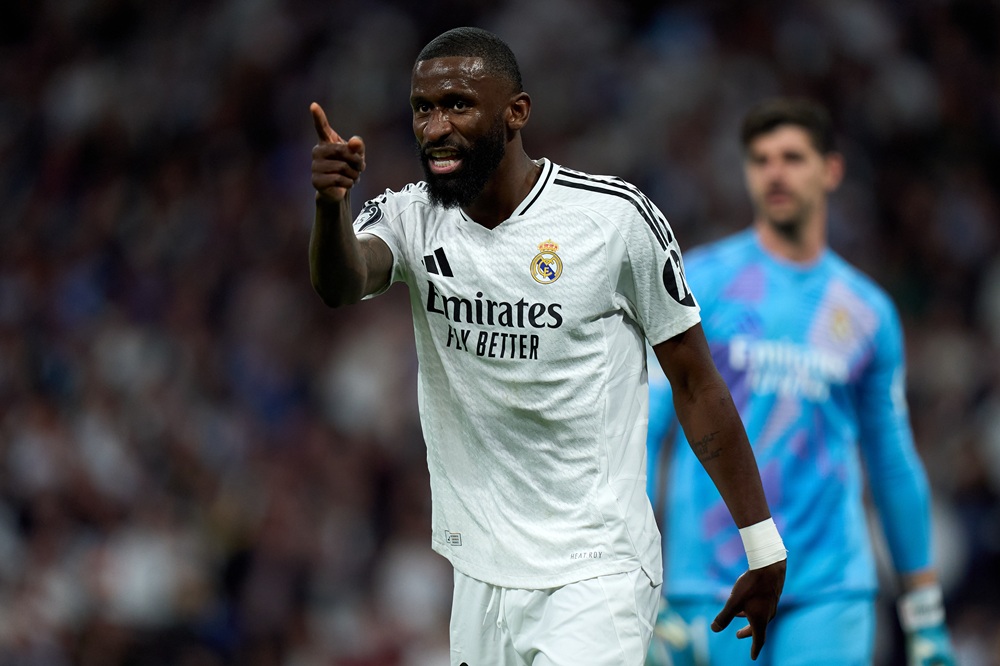 MADRID, SPAIN: Antonio Rudiger of Real Madrid gestures during the UEFA Champions League 2024/25 League Knockout Play-off second leg match between R...