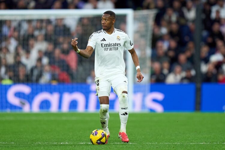 MADRID, SPAIN: David Alaba of Real Madrid controls the ball during the LaLiga match between Real Madrid CF and Rayo Vallecano at Estadio Santiago B...