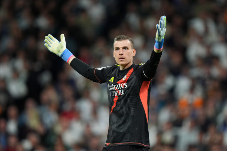 MADRID, SPAIN - APRIL 01: Andriy Lunin of Real Madrid during the Copa del Rey semifinal match between Real Madrid and Real Sociedad at Estadio Sant...
