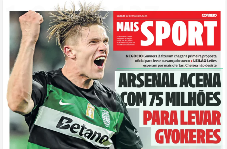 Front page of the Mais Sport section from Correio da Manhã, dated Saturday 10 May 2025, featuring a photo of Viktor Gyökeres in a Sporting CP kit, ...