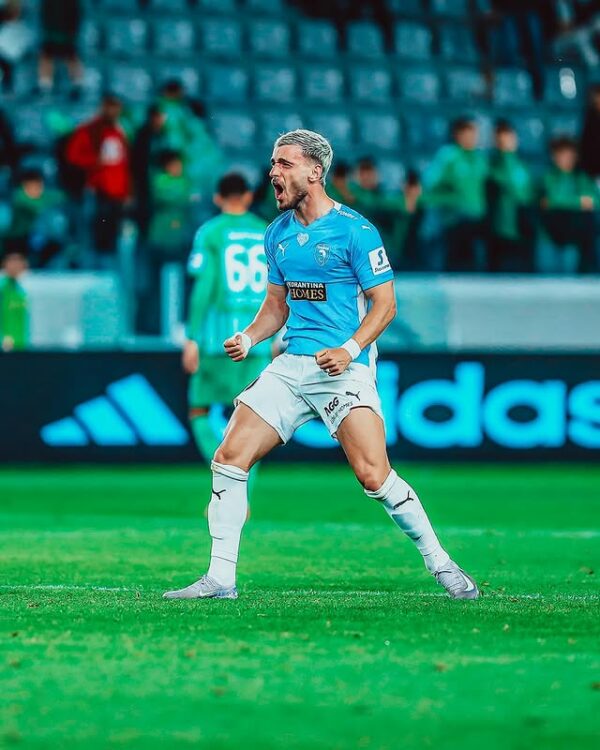 Vlad Dragomir celebrates a goal for Pafos FC (Photo via Dragomir on Instagram)